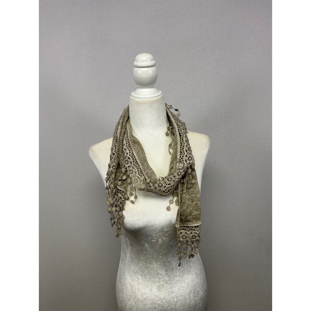 Boho Cottagecore Women OS Taupe Crochet Lace Tassel Fringe Scarf
